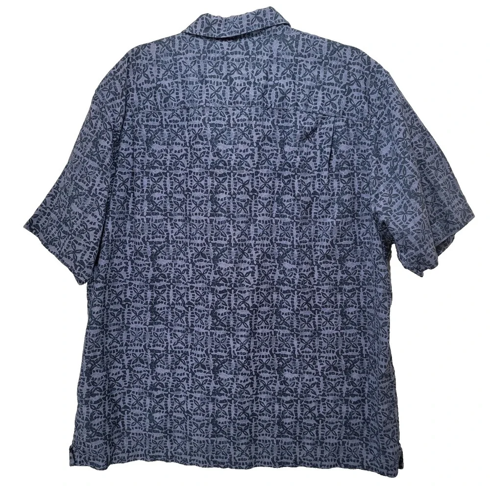Eddie Bauer Shirt Mens L Hawaiian Vacation Linen Blend Blue Aztec Pocket‎ Office